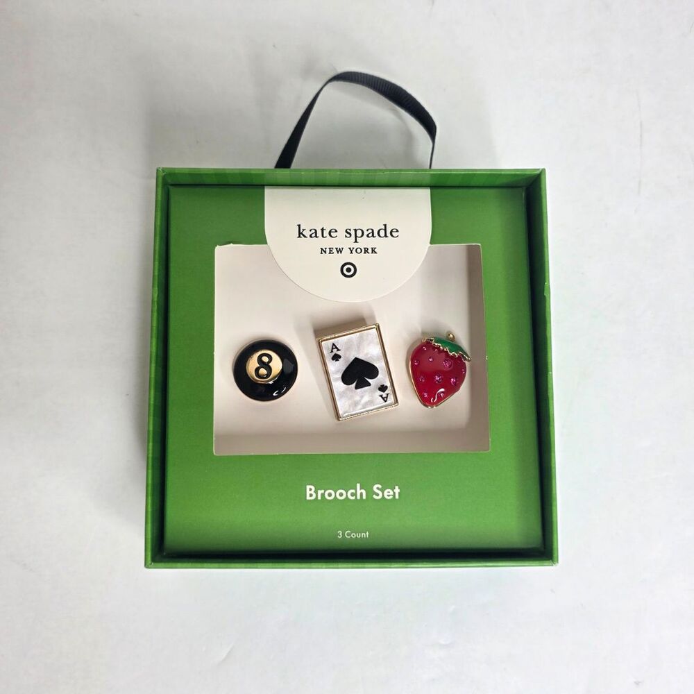 Kate Spade NY Target 3 Piece Pin Set Strawberry / Ace Card / 8 Ball - NEW IN BOX